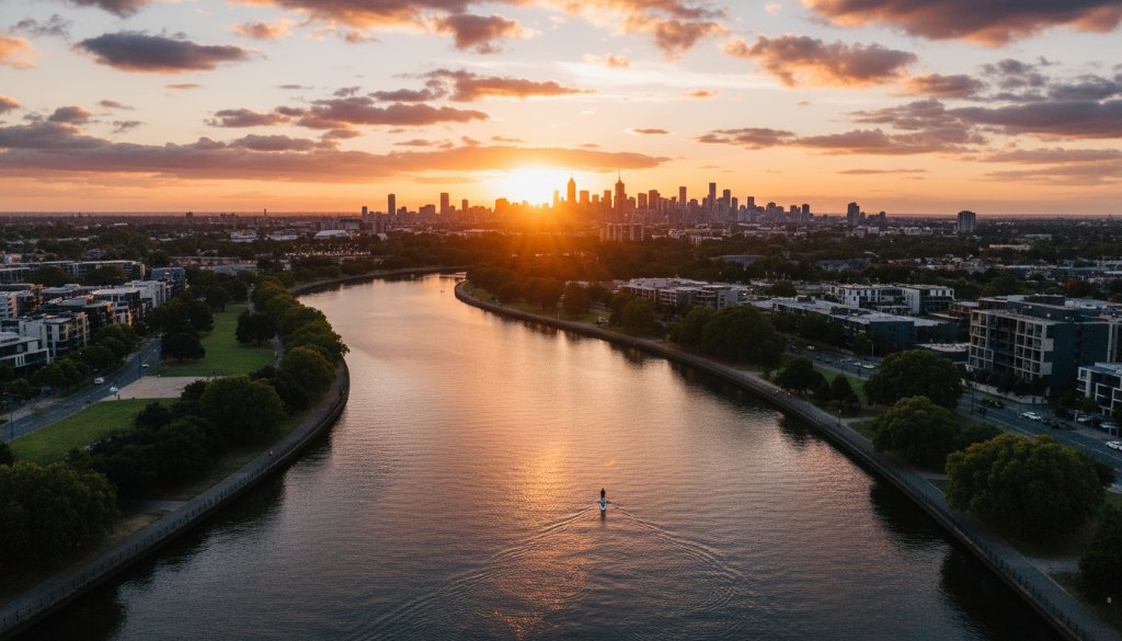 An epic moment captured by Maribyrnong drone photography, showcasing a vibrant sunset over the Maribyrnong River with the cityscape in the distance, dramatic light illuminating the water, perfect for captivating aerial perspectives.