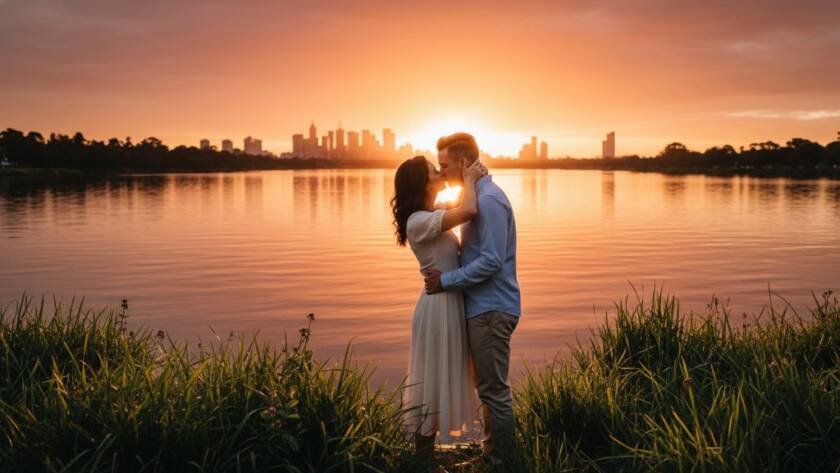 An engaged couple sharing a tender moment at sunset by the Maribyrnong River, showcasing Maribyrnong engagement photography capturing riverside romance with dramatic golden hour light.