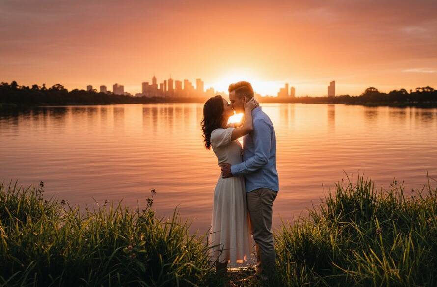 An engaged couple sharing a tender moment at sunset by the Maribyrnong River, showcasing Maribyrnong engagement photography capturing riverside romance with dramatic golden hour light.