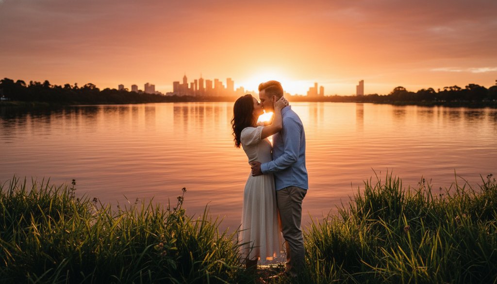 An engaged couple sharing a tender moment at sunset by the Maribyrnong River, showcasing Maribyrnong engagement photography capturing riverside romance with dramatic golden hour light.