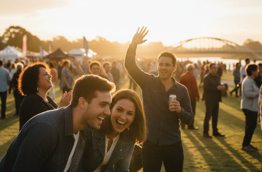 A candid, professional photograph capturing a joyous, epic moment at an outdoor community festival in Maribyrnong, Victoria, with diverse people laughing and interacting under dramatic golden hour lighting, highlighting the Maribyrnong Event Photography Epic Moments.