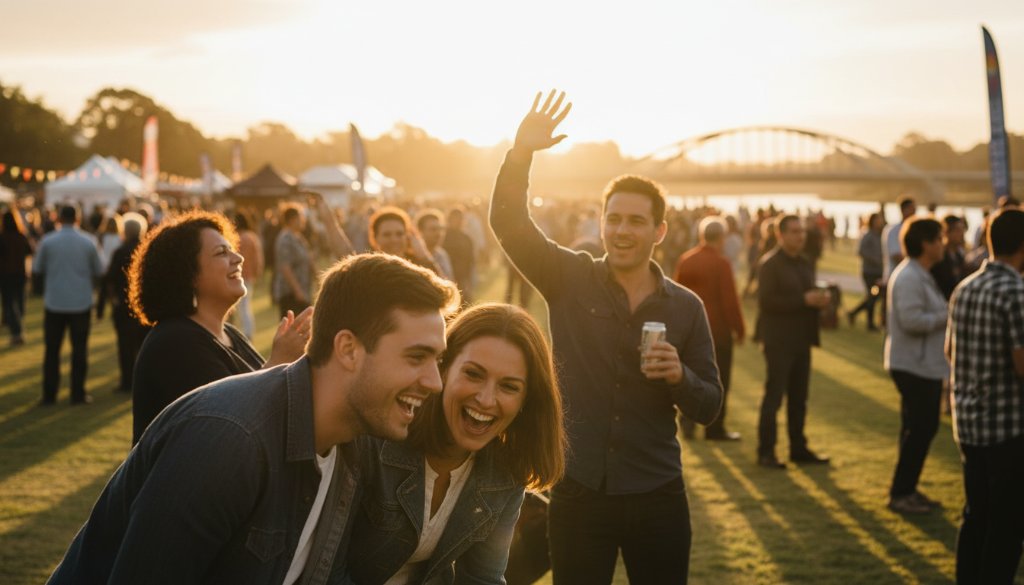 A candid, professional photograph capturing a joyous, epic moment at an outdoor community festival in Maribyrnong, Victoria, with diverse people laughing and interacting under dramatic golden hour lighting, highlighting the Maribyrnong Event Photography Epic Moments.
