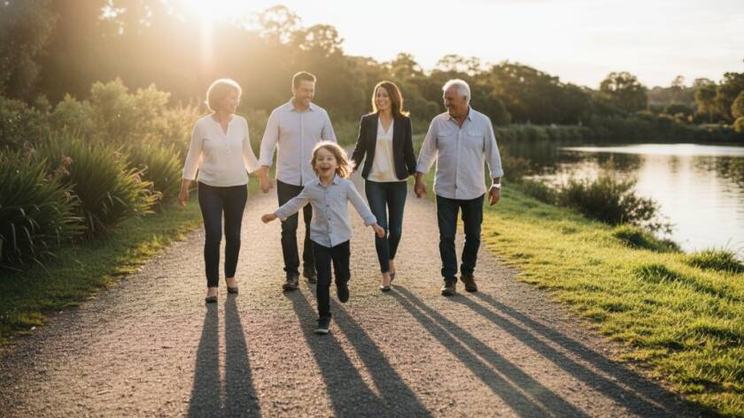 An epic moment of a Maribyrnong family photography authentic moments session, showcasing a family laughing joyfully as golden hour light bathes them by the Maribyrnong River, professional and cinematic.