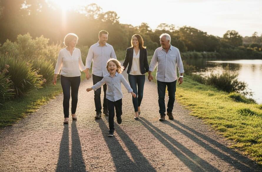 An epic moment of a Maribyrnong family photography authentic moments session, showcasing a family laughing joyfully as golden hour light bathes them by the Maribyrnong River, professional and cinematic.
