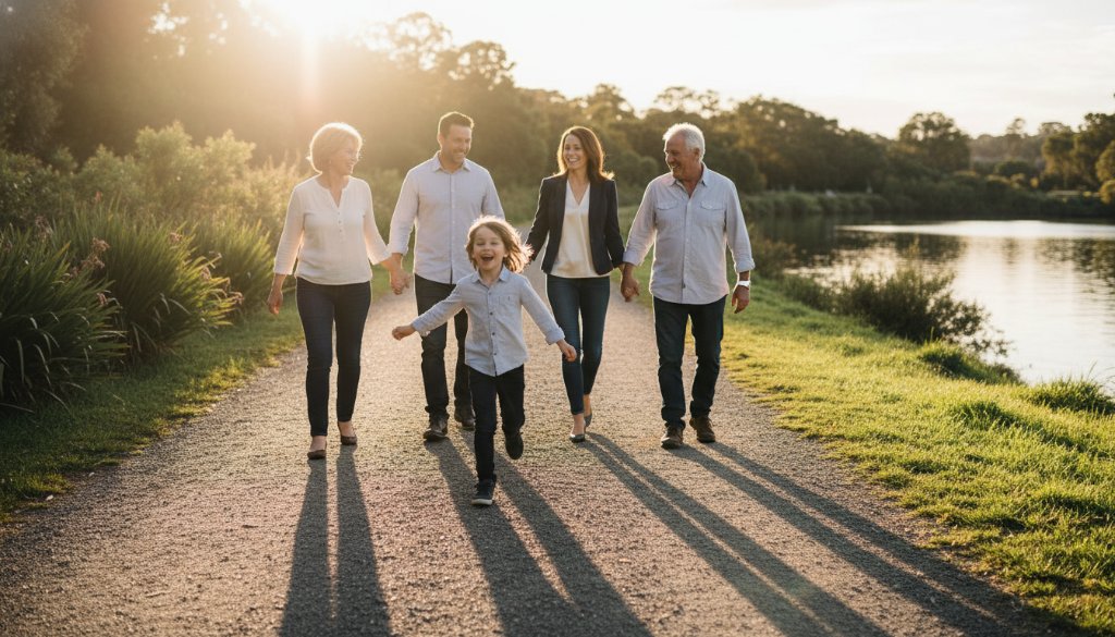 An epic moment of a Maribyrnong family photography authentic moments session, showcasing a family laughing joyfully as golden hour light bathes them by the Maribyrnong River, professional and cinematic.