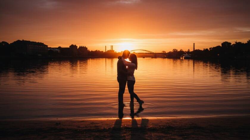 An ethereal Maribyrnong fine art photography historic riverside moment featuring a silhouetted couple embracing at sunset by the Maribyrnong River, golden light reflecting on the water, capturing a timeless, intimate connection.