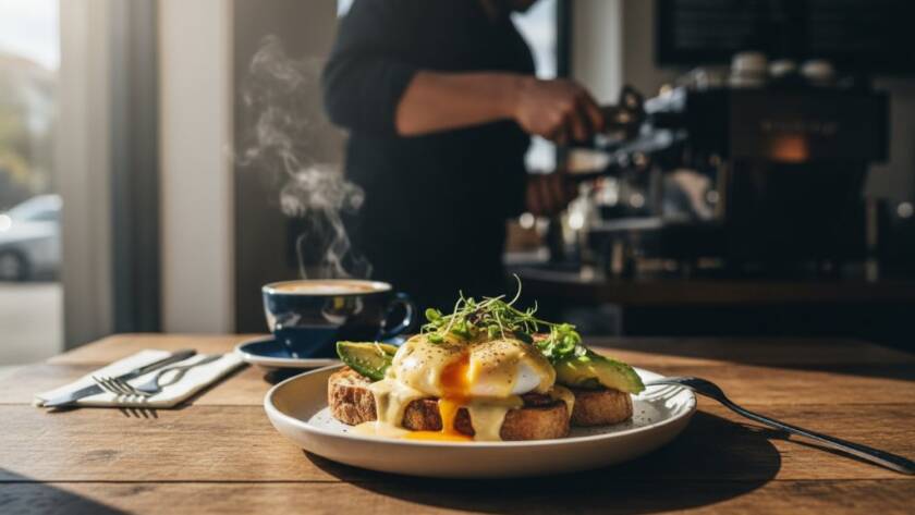 Dynamic Maribyrnong food photography for cafes featuring a beautifully styled brunch spread with natural light spilling onto a steaming coffee, creating an epic moment of culinary delight and inviting warmth.