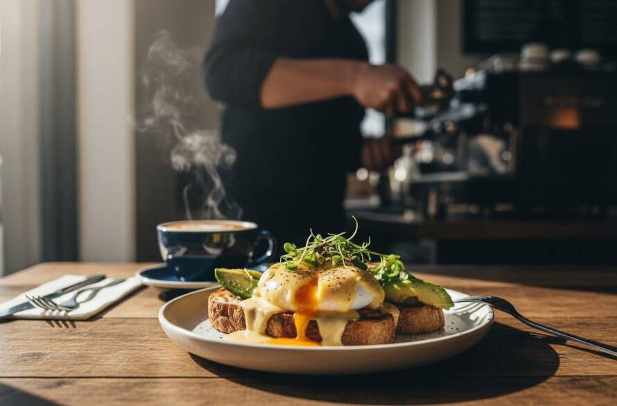 Dynamic Maribyrnong food photography for cafes featuring a beautifully styled brunch spread with natural light spilling onto a steaming coffee, creating an epic moment of culinary delight and inviting warmth.