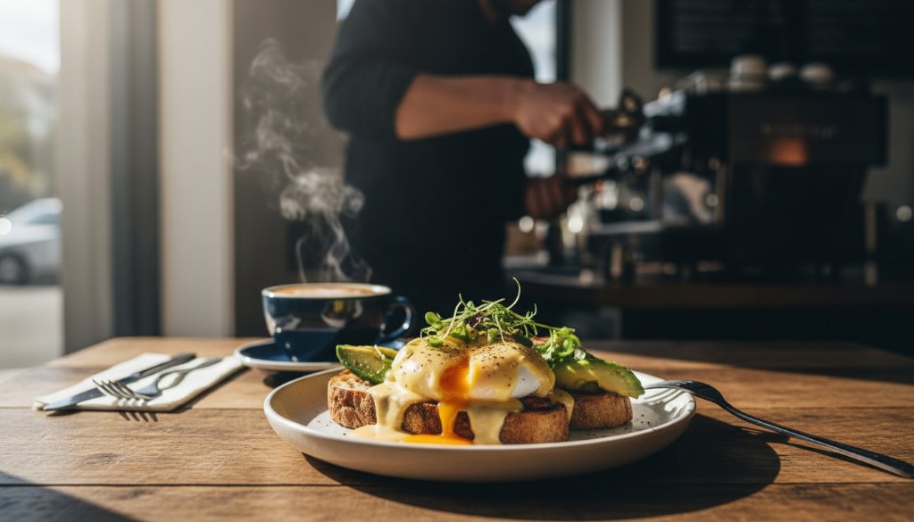 Dynamic Maribyrnong food photography for cafes featuring a beautifully styled brunch spread with natural light spilling onto a steaming coffee, creating an epic moment of culinary delight and inviting warmth.