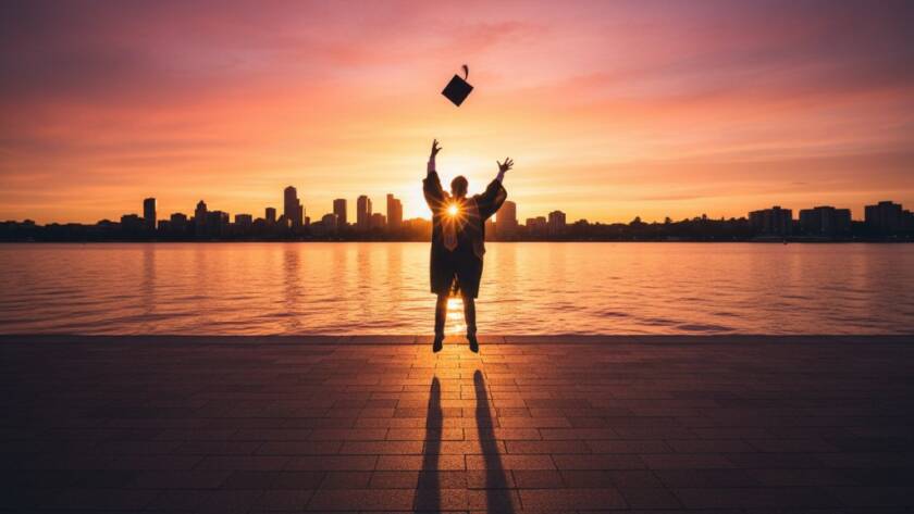 Dynamic, wide-angle shot of a beaming graduate in academic regalia, cap thrown high against a dramatic Maribyrnong riverfront sunset, symbolising Maribyrnong graduation photography capturing your triumph with professional flair and vibrant colours.