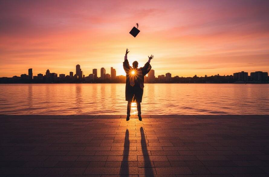 Dynamic, wide-angle shot of a beaming graduate in academic regalia, cap thrown high against a dramatic Maribyrnong riverfront sunset, symbolising Maribyrnong graduation photography capturing your triumph with professional flair and vibrant colours.
