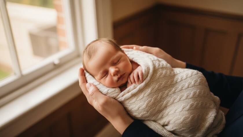 A tender Maribyrnong heirloom newborn photography portrait featuring a sleeping baby wrapped in soft cream lace, cradled gently in a parent's hands, bathed in a warm, ethereal golden hour glow filtering through a window, set against a blurred, historic Maribyrnong background.