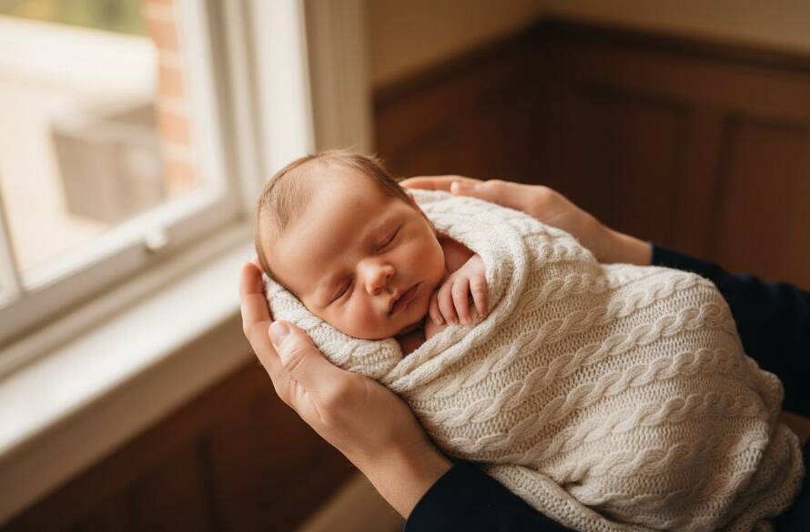 A tender Maribyrnong heirloom newborn photography portrait featuring a sleeping baby wrapped in soft cream lace, cradled gently in a parent's hands, bathed in a warm, ethereal golden hour glow filtering through a window, set against a blurred, historic Maribyrnong background.