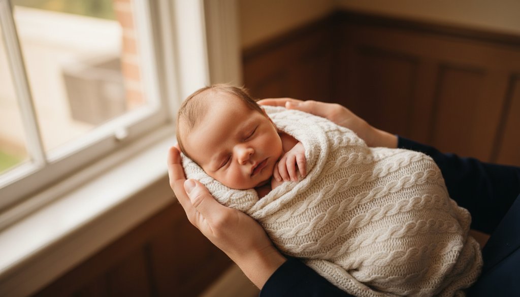 A tender Maribyrnong heirloom newborn photography portrait featuring a sleeping baby wrapped in soft cream lace, cradled gently in a parent's hands, bathed in a warm, ethereal golden hour glow filtering through a window, set against a blurred, historic Maribyrnong background.