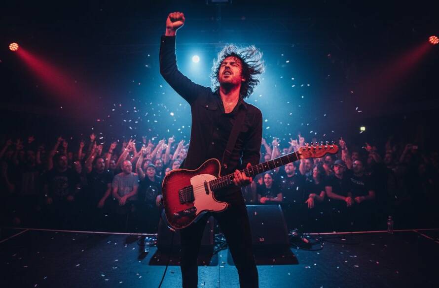 Dynamic shot capturing a lead singer mid-scream under dramatic stage lights at a Maribyrnong live music venue, showcasing expert Maribyrnong live music photography services.