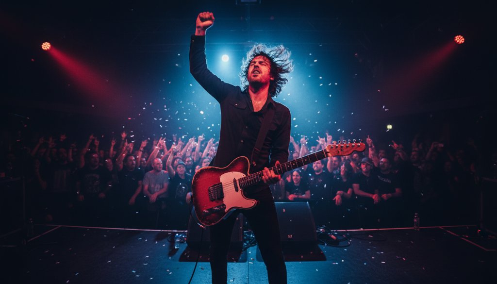 Dynamic shot capturing a lead singer mid-scream under dramatic stage lights at a Maribyrnong live music venue, showcasing expert Maribyrnong live music photography services.