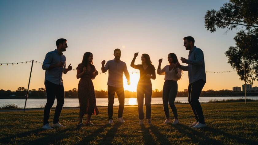 A vibrant, wide-angle shot of friends laughing and toasting at a Maribyrnong riverside party during golden hour, with the setting sun casting dramatic backlighting, expertly captured by Maribyrnong party photography capturing candid joy.