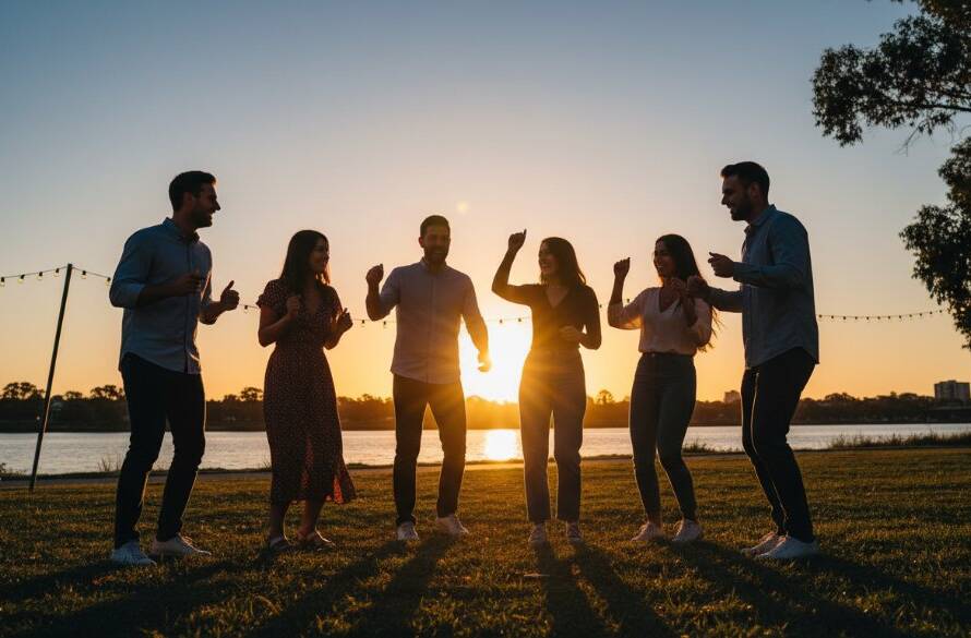 A vibrant, wide-angle shot of friends laughing and toasting at a Maribyrnong riverside party during golden hour, with the setting sun casting dramatic backlighting, expertly captured by Maribyrnong party photography capturing candid joy.
