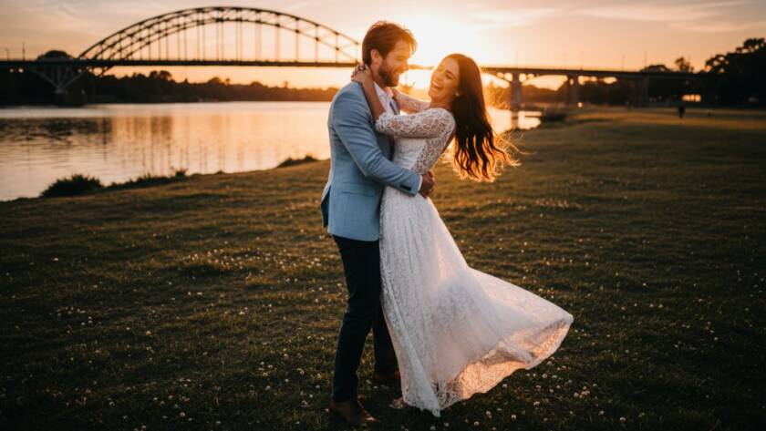 An epic, professionally color-graded photograph capturing a couple in a romantic embrace during their Maribyrnong pre-wedding photography Yarra River sunset shoot, with the golden light reflecting off the river and iconic Maribyrnong Bridge in the background, showcasing their joyous connection.