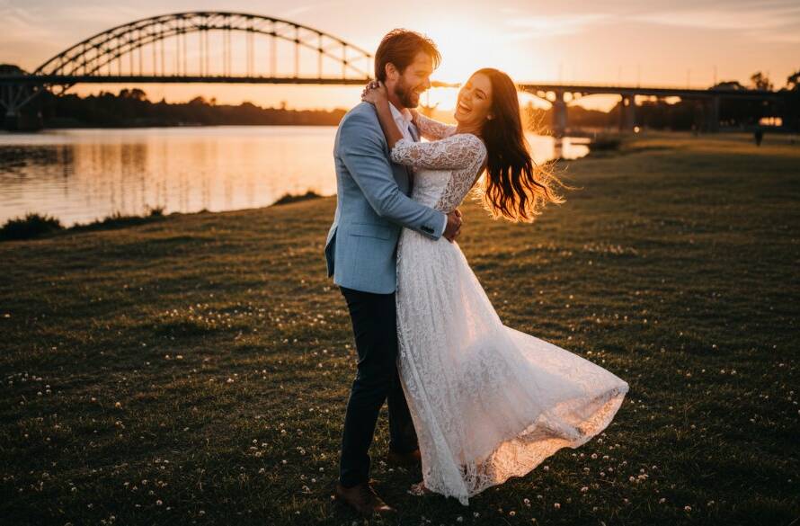 An epic, professionally color-graded photograph capturing a couple in a romantic embrace during their Maribyrnong pre-wedding photography Yarra River sunset shoot, with the golden light reflecting off the river and iconic Maribyrnong Bridge in the background, showcasing their joyous connection.