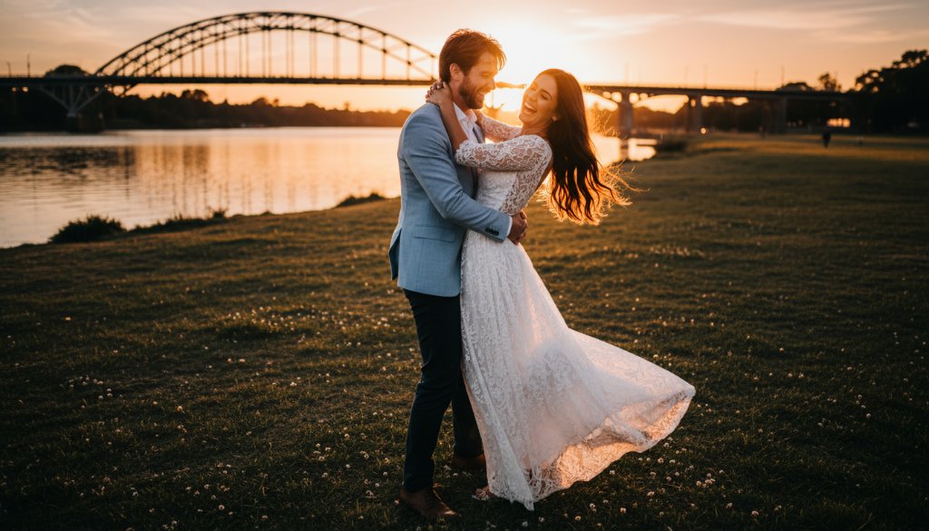 An epic, professionally color-graded photograph capturing a couple in a romantic embrace during their Maribyrnong pre-wedding photography Yarra River sunset shoot, with the golden light reflecting off the river and iconic Maribyrnong Bridge in the background, showcasing their joyous connection.