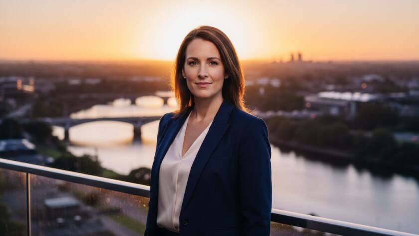 A striking, cinematic portrait of a confident professional against a blurred, sun-drenched Maribyrnong waterfront cityscape, embodying Maribyrnong professional headshots for career growth, with dramatic lighting enhancing their determined expression.