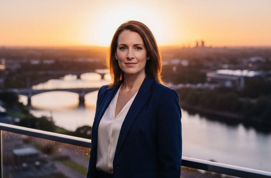 A striking, cinematic portrait of a confident professional against a blurred, sun-drenched Maribyrnong waterfront cityscape, embodying Maribyrnong professional headshots for career growth, with dramatic lighting enhancing their determined expression.