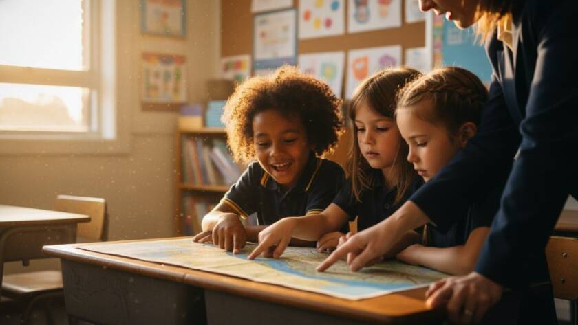 A heartwarming, professional photograph showcasing Maribyrnong school photography capturing genuine student smiles, with three primary school children laughing joyfully together in a sun-dappled courtyard, one giving a high-five, celebrating a small achievement with dramatic, warm backlighting and shallow depth of field, conveying pure childhood happiness.