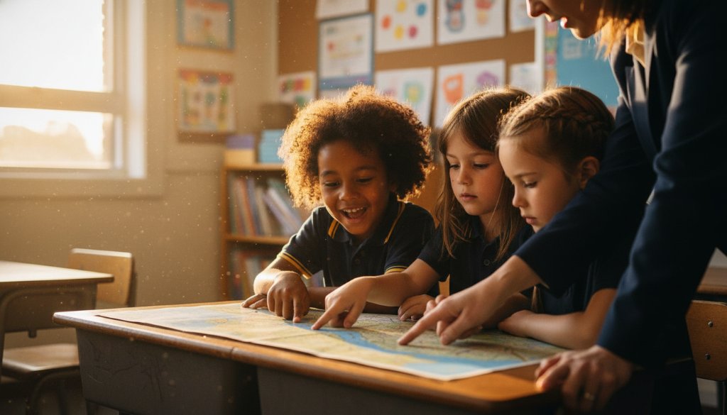A heartwarming, professional photograph showcasing Maribyrnong school photography capturing genuine student smiles, with three primary school children laughing joyfully together in a sun-dappled courtyard, one giving a high-five, celebrating a small achievement with dramatic, warm backlighting and shallow depth of field, conveying pure childhood happiness.