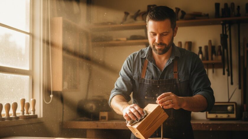 Epic moment photograph capturing a local Marong artisan meticulously crafting bespoke goods in their workshop, bathed in golden afternoon light, showcasing their passion and the authenticity of Marong brand storytelling with professional commercial photography.