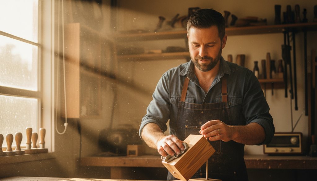 Epic moment photograph capturing a local Marong artisan meticulously crafting bespoke goods in their workshop, bathed in golden afternoon light, showcasing their passion and the authenticity of Marong brand storytelling with professional commercial photography.