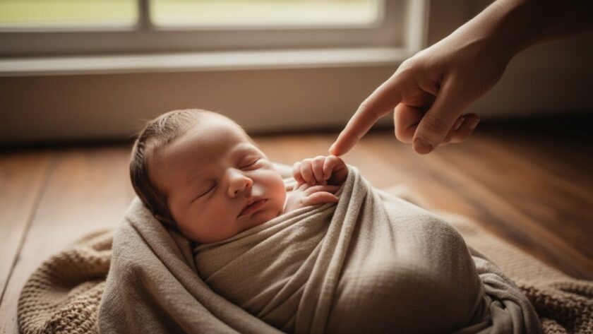 An emotionally resonant, professional photograph of a Marong gentle newborn photography Victoria session, featuring a peacefully sleeping baby swaddled in soft, earthy tones, bathed in warm, ethereal natural light streaming through a window, with a parent's gentle hand caressing the baby's head in the background, set in a rustic, light-filled Marong home. The composition is close-up, focusing on the delicate features, with a shallow depth of field, showcasing professional color grading and a serene, timeless mood.
