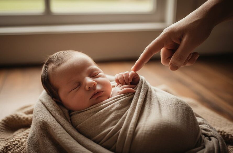 An emotionally resonant, professional photograph of a Marong gentle newborn photography Victoria session, featuring a peacefully sleeping baby swaddled in soft, earthy tones, bathed in warm, ethereal natural light streaming through a window, with a parent's gentle hand caressing the baby's head in the background, set in a rustic, light-filled Marong home. The composition is close-up, focusing on the delicate features, with a shallow depth of field, showcasing professional color grading and a serene, timeless mood.
