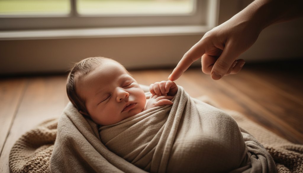 An emotionally resonant, professional photograph of a Marong gentle newborn photography Victoria session, featuring a peacefully sleeping baby swaddled in soft, earthy tones, bathed in warm, ethereal natural light streaming through a window, with a parent's gentle hand caressing the baby's head in the background, set in a rustic, light-filled Marong home. The composition is close-up, focusing on the delicate features, with a shallow depth of field, showcasing professional color grading and a serene, timeless mood.