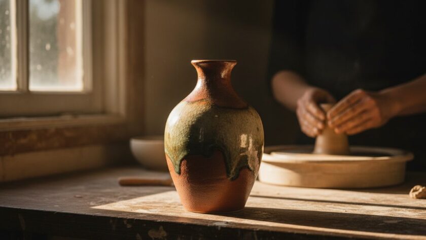Dramatic, cinematic shot of a beautifully lit Marong handcrafted product photography solutions setup, showcasing intricate local artisan pottery bathed in golden hour light within a rustic Marong studio, highlighting texture and detail with a shallow depth of field, evoking craftsmanship and regional pride.
