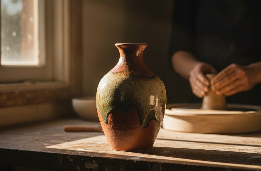 Dramatic, cinematic shot of a beautifully lit Marong handcrafted product photography solutions setup, showcasing intricate local artisan pottery bathed in golden hour light within a rustic Marong studio, highlighting texture and detail with a shallow depth of field, evoking craftsmanship and regional pride.