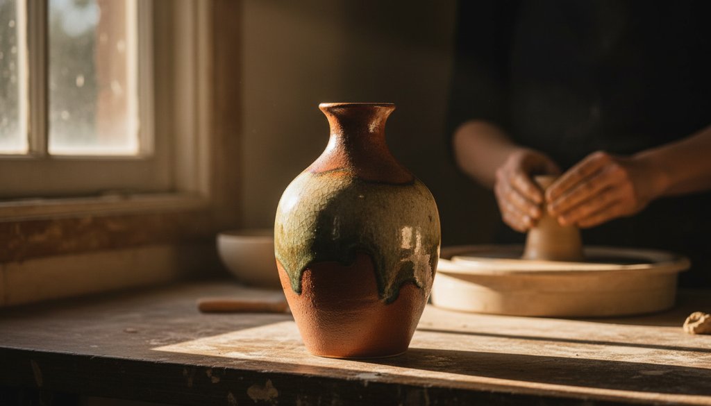 Dramatic, cinematic shot of a beautifully lit Marong handcrafted product photography solutions setup, showcasing intricate local artisan pottery bathed in golden hour light within a rustic Marong studio, highlighting texture and detail with a shallow depth of field, evoking craftsmanship and regional pride.