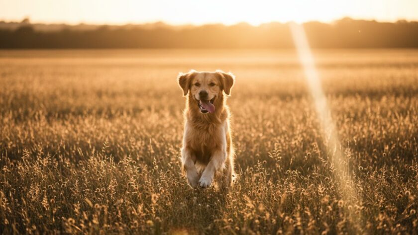 A golden retriever captured in Marong pet photography joyful dog portraits, leaping gracefully through a golden field at sunset, dramatic backlighting, professional color grading, an epic moment of pure joy.