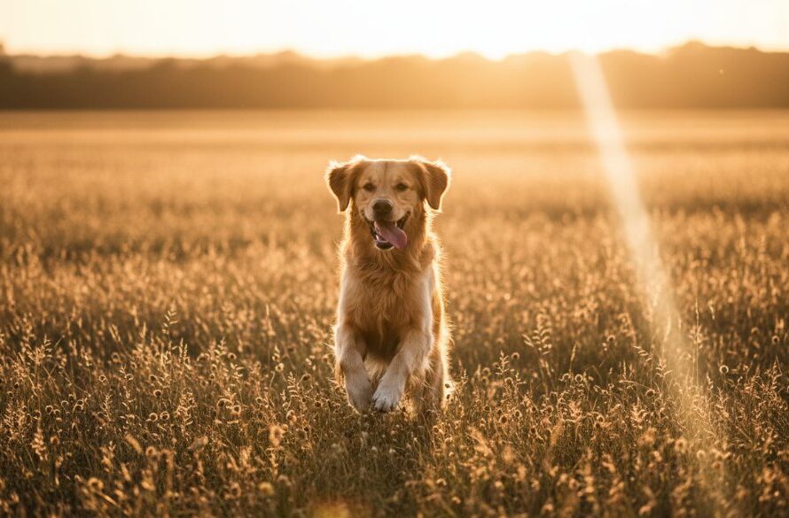 A golden retriever captured in Marong pet photography joyful dog portraits, leaping gracefully through a golden field at sunset, dramatic backlighting, professional color grading, an epic moment of pure joy.