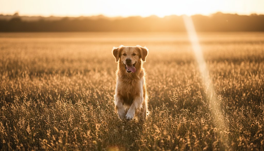 A golden retriever captured in Marong pet photography joyful dog portraits, leaping gracefully through a golden field at sunset, dramatic backlighting, professional color grading, an epic moment of pure joy.