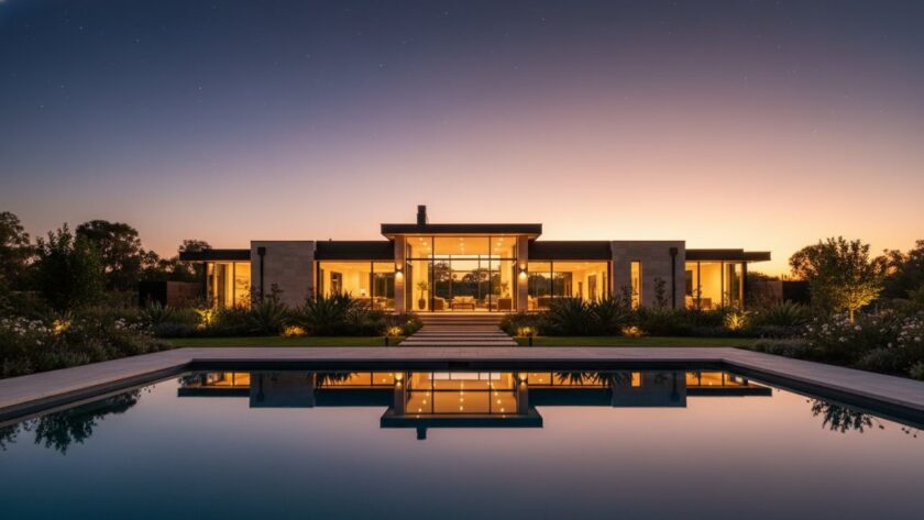 An epic wide-angle, professionally colour-graded photograph showcasing a stunning modern family home in Marong, Victoria, at twilight, with warm interior lights glowing, manicured gardens, and a clear, star-dusted sky. This Marong Premium Real Estate Photography shot highlights architectural lines and inviting warmth, perfect for a high-end property listing.