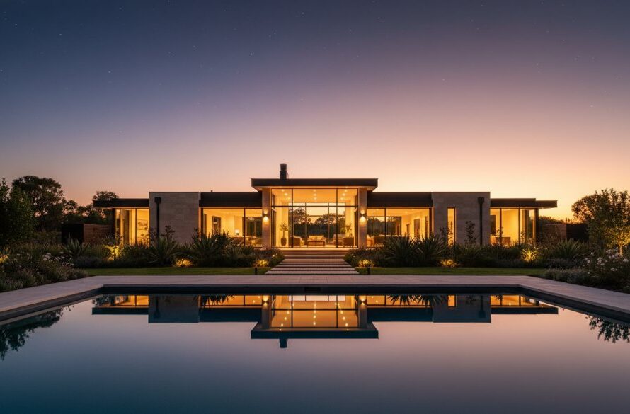 An epic wide-angle, professionally colour-graded photograph showcasing a stunning modern family home in Marong, Victoria, at twilight, with warm interior lights glowing, manicured gardens, and a clear, star-dusted sky. This Marong Premium Real Estate Photography shot highlights architectural lines and inviting warmth, perfect for a high-end property listing.