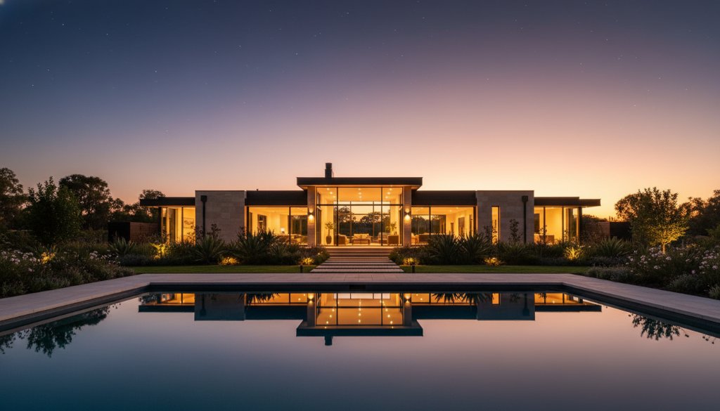 An epic wide-angle, professionally colour-graded photograph showcasing a stunning modern family home in Marong, Victoria, at twilight, with warm interior lights glowing, manicured gardens, and a clear, star-dusted sky. This Marong Premium Real Estate Photography shot highlights architectural lines and inviting warmth, perfect for a high-end property listing.