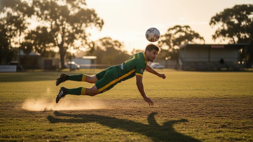 Dynamic action shot from Marong Sporting Event Photography Capturing Local Spirit, showing a soccer player in mid-air, scoring a goal with intense focus, under dramatic stadium lights at dusk in Marong, Victoria. The image captures the peak of athletic achievement and community pride with professional color grading.