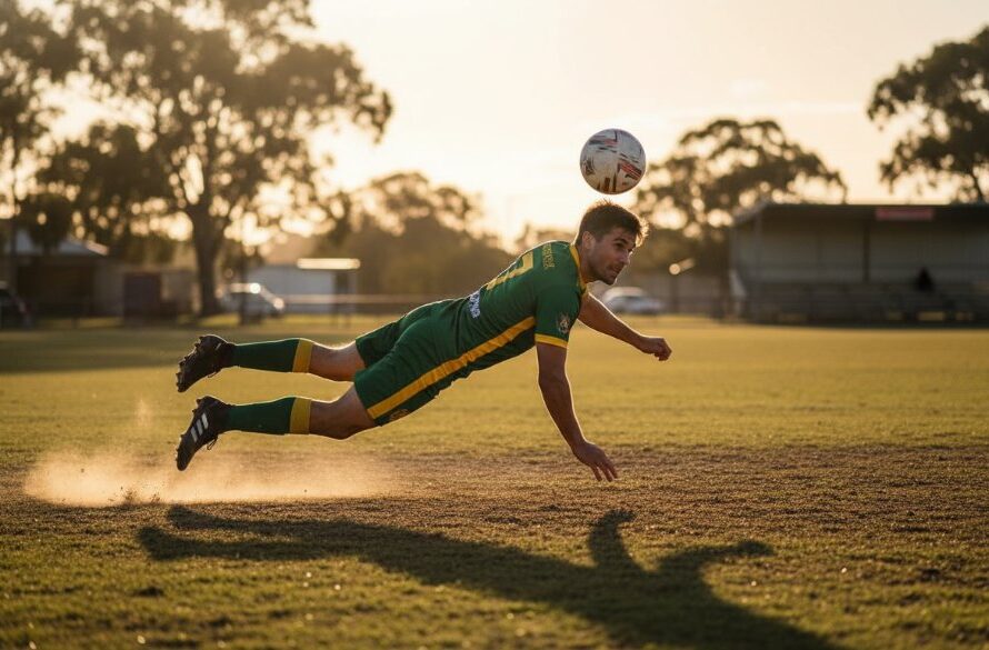 Dynamic action shot from Marong Sporting Event Photography Capturing Local Spirit, showing a soccer player in mid-air, scoring a goal with intense focus, under dramatic stadium lights at dusk in Marong, Victoria. The image captures the peak of athletic achievement and community pride with professional color grading.