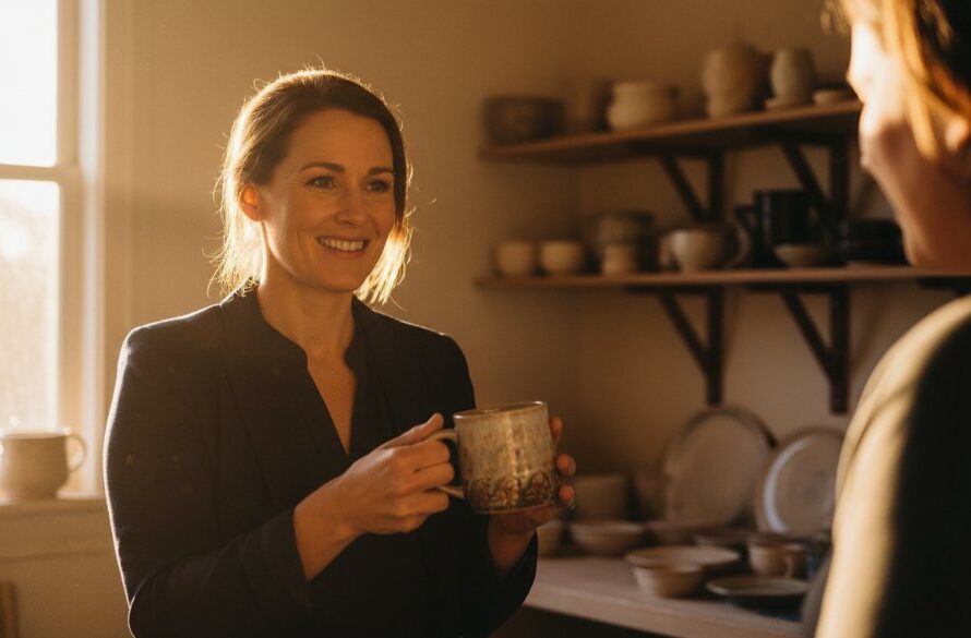 A Marong Victoria branding photography shot capturing an authentic business storytelling moment: a local artisan, bathed in golden afternoon light, passionately explaining their craft to a customer in their rustic workshop, showcasing the genuine connection and quality of their work.