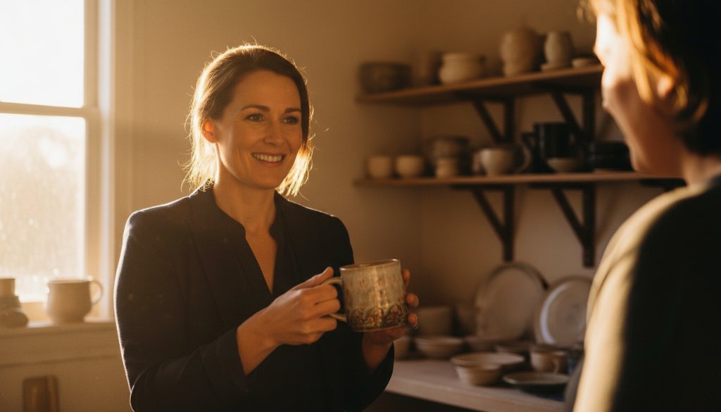 A Marong Victoria branding photography shot capturing an authentic business storytelling moment: a local artisan, bathed in golden afternoon light, passionately explaining their craft to a customer in their rustic workshop, showcasing the genuine connection and quality of their work.