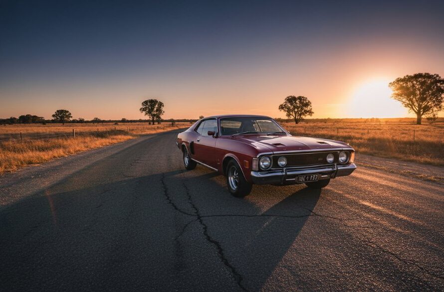 A dramatic Marong Victoria classic car twilight photoshoot showcasing a vintage muscle car parked on a dusty rural road at sunset, with golden light reflecting off its polished chrome, captured in an epic, professionally graded photograph.