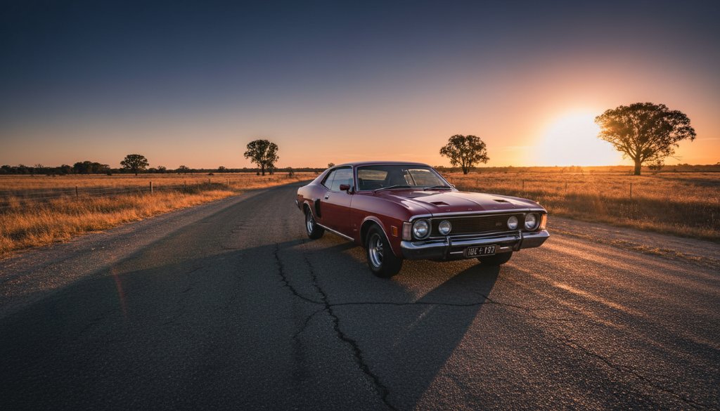 A dramatic Marong Victoria classic car twilight photoshoot showcasing a vintage muscle car parked on a dusty rural road at sunset, with golden light reflecting off its polished chrome, captured in an epic, professionally graded photograph.