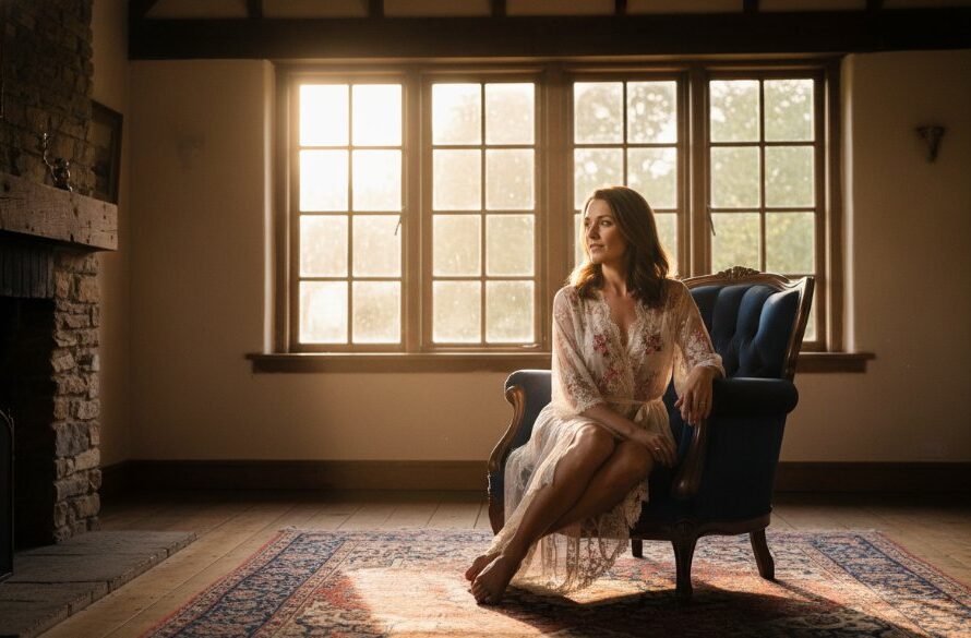 A stunning, soft-focus portrait from a Marong Victoria empowering boudoir photography session, featuring a woman draped in silk by a sunlit window, capturing a moment of profound self-assurance and grace with a cinematic, golden hour glow.